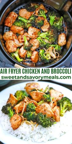 chicken and broccoli stir fry in an air fryer with rice on the side