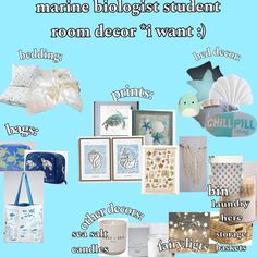 a collage of marine themed items with the words marine blogist student room decor i want