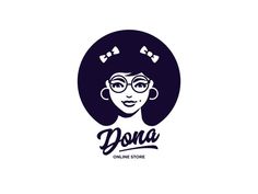 a woman's face with glasses and the words dona online store in front of her