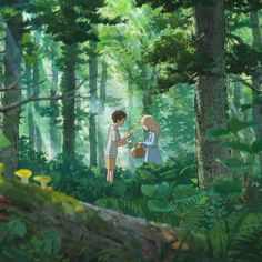 two people standing in the woods talking to each other