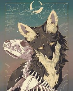 an illustration of a wolf and a skeleton