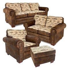 a set of leather couches with matching footstools and ottomans in various styles