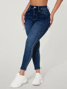 Blue Casual Collar  Denim Plain Skinny Embellished High Stretch  Women Clothing Mommy Jeans, Casual Denim Jeans, Moda Jeans, Denim Chic, Y2k Jeans, Women Denim Jeans, Inspiration Mode, Casual Denim