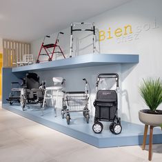 a display case filled with lots of different types of wheelchairs next to a potted plant