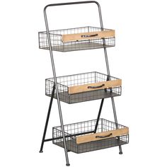 three tiered metal shelf with baskets on the bottom and two wooden trays below