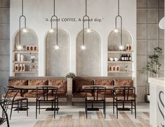 the interior of a restaurant with tables and chairs