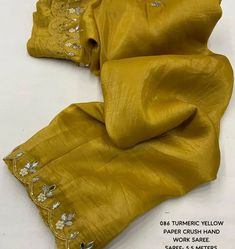 Exclusive Arrival🌻 Fabric:- soft paper silk type woven crush saree. beautiful hand work embroidery c-pallu. No blouse included. *Note*:- No blouse included for best look pair handwork or banarsi silk blouse Code:PP123567821508 Crush Saree, Saree Beautiful, Hand Work Embroidery, Quick Outfits, Yellow Blouse, Hand Work, Saree Blouse Designs