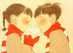 two children with mittens on their faces, one blowing the other's nose