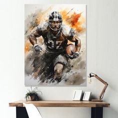 a painting of a football player running with the ball in his hand on a wall