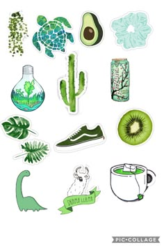 various stickers with different types of plants and animals on them, including an avocado