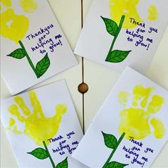 three handprints with yellow flowers on them and thank you written on the cards