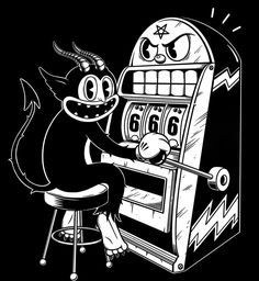 a black and white drawing of a cartoon character playing the slot machine at a bar