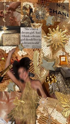 a collage of gold and silver items with a woman wearing a hat in the middle