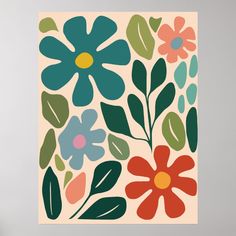 an abstract painting with flowers and leaves on the wall in front of a gray background