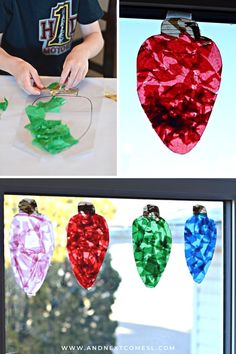 A collage of photos showing giant colorful Christmas light suncatchers hanging in a window as well as a closeup of a child's hand making one Suncatchers Craft, Christmas Suncatchers, Arts N Crafts, Easy Christmas Craft, 3 Dinosaurs, Preschool Christmas Activities, December Crafts, Christmas Crafts For Toddlers