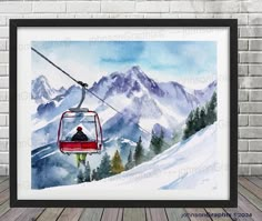 a watercolor painting of a ski lift in the mountains