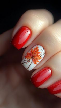 Enhance your fall style with a Maple Leaf Accent for a touch of seasonal beauty. This easy and durable design adds a charming detail to your short nails. Click the pin to see more and follow us for the latest nail inspirations! #FallNails #MapleLeafAccent #NailDesigns #ShortNails #NailArt Fall Nail Designs Maple Leaf, Fall Nails With Leaves Acrylic, Fall Nails With Leaf Design, Fall Designs Nails, Fall Nail Designs Short Nails, Leaf Nails Design, Nail Art Leaf, Leaves On Nails, Maple Leaf Nails