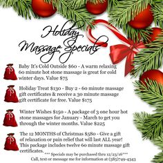 the holiday massage special flyer is shown with red bells and christmas decorations on it's branches