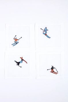 four pictures of skiers on white paper with blue and red skis in the background