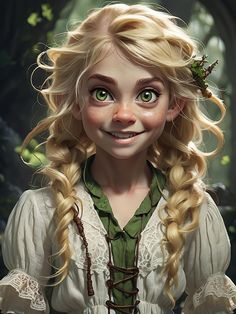 a cartoon character with long blonde hair and green eyes