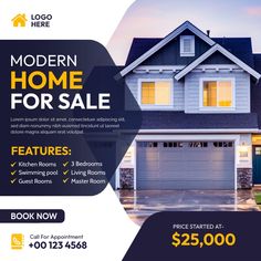 a flyer for a home sale with an image of a house and the words modern home for sale