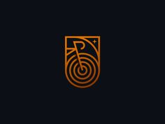 an orange and black logo with the letter p in it's center on a dark background