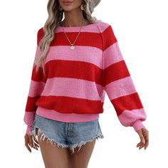 Red Striped Print Knitted Oversized Sweater Trendy Red Soft Knit Sweater, Red Chunky Knit Long Sleeve Sweater, Red Long Sleeve Knit Top For Fall, Oversized Red Soft Knit Tops, Oversized Soft Knit Red Tops, Red Oversized Crew Neck Sweater, Red Soft Knit Sweater, Cozy Red Crew Neck Sweater, Cozy Red Soft Knit Top