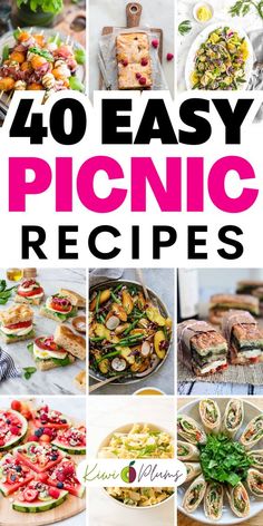 the cover of 40 easy picnic recipes with pictures of different types of food and vegetables