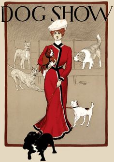 a woman in a red dress is holding a dog and standing next to two dogs