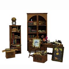 a wooden desk and bookcase with pictures on it