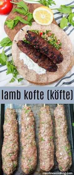 lamb kofte skewers on a grill with lemons and tomatoes