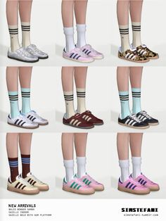 six pairs of adidas shoes with different colors and stripes on the legs, all in various sizes