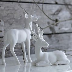 two white deer figurines sitting next to each other on top of a table