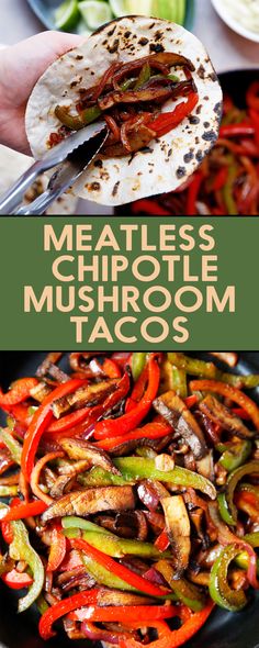 meatless chipotle mushroom tacos with peppers and onions in a skillet