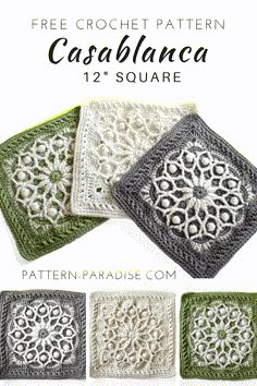 four crocheted coasters are shown with the text, free crochet pattern