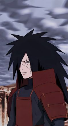 an anime character with black hair wearing a red backpack and looking at the camera while standing in front of dark clouds