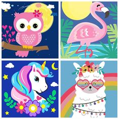 four different pictures with animals and unicorns in the same photo, one has a pink flamingo on it's head