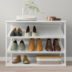 several pairs of shoes are lined up on a shelf