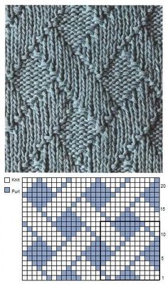 the knitting pattern is shown in blue and white, as well as an example of how to