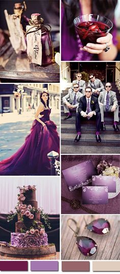 a collage of photos with people dressed up in formal wear and purple outfits, including sunglasses