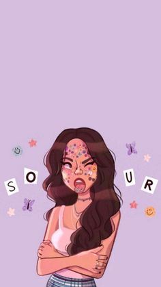 a woman with her arms crossed in front of the word sour on it's face