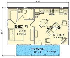 the floor plan for a small house with two bedroom and an attached living room area