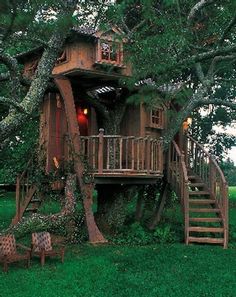 a tree house built into the side of a large oak tree in a yard with stairs leading up to it