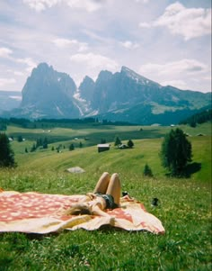 a woman laying on top of a blanket in the middle of a lush green field