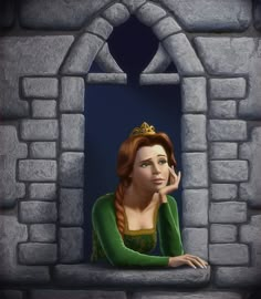 a painting of a woman wearing a tiara and looking out from a castle window