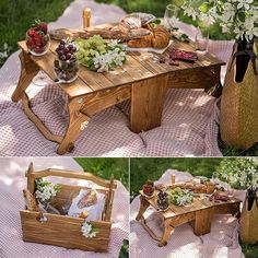 the table is made out of wood and has food on it, along with flowers