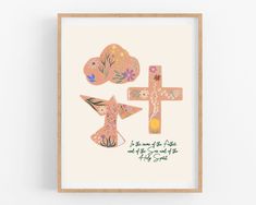 an art print with three crosses and flowers