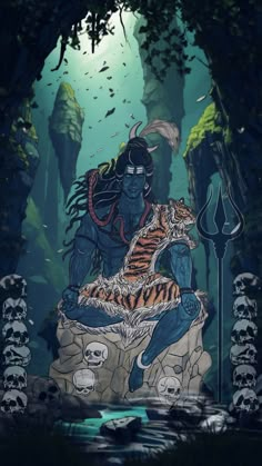 an illustration of a demon sitting on top of a tiger