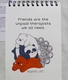 a book with an image of two panda bears hugging each other and the title reads friends are the uppadd therapists we all need