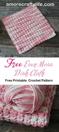 a pink and white crochet dishcloth with text that reads free seven moss dish cloth